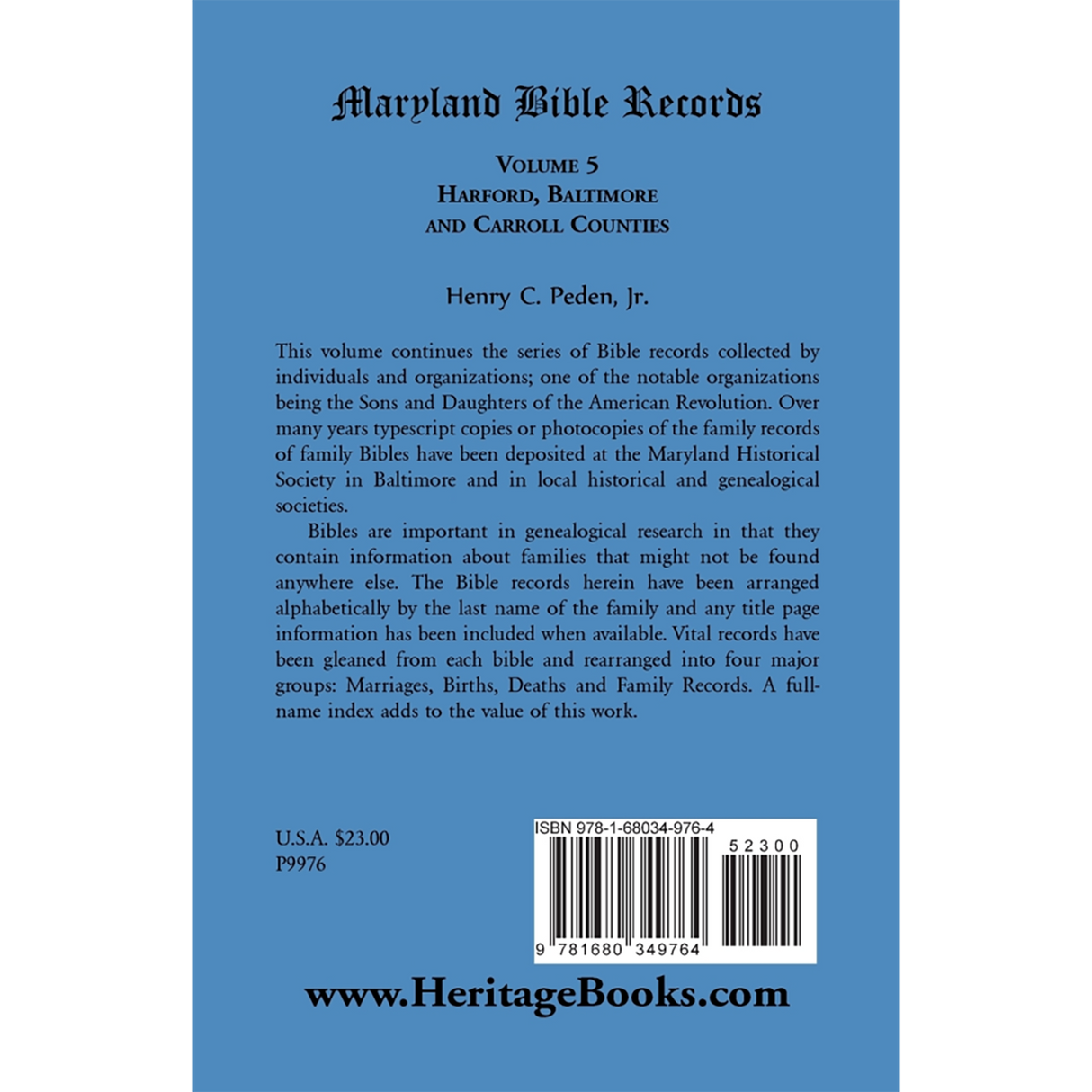 Maryland Bible Records, Volume 5: Harford, Baltimore and Carroll Counties back cover