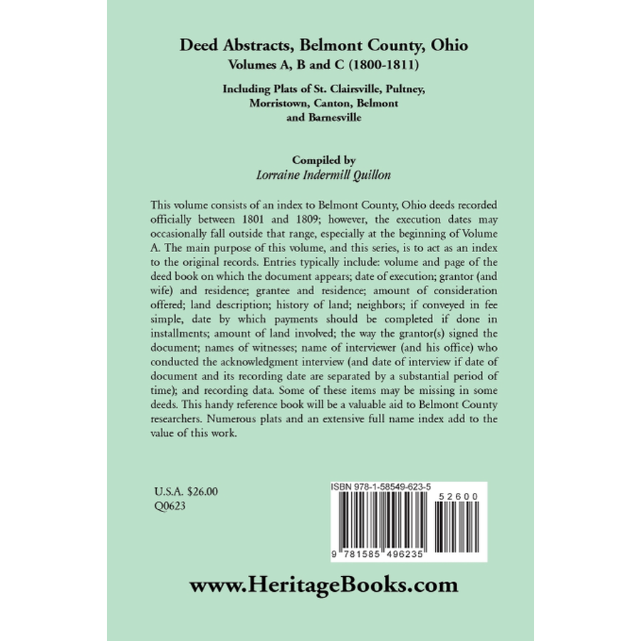 back cover of Deed Abstracts, Belmont County, Ohio: Volumes A, B, C (1800-1811)