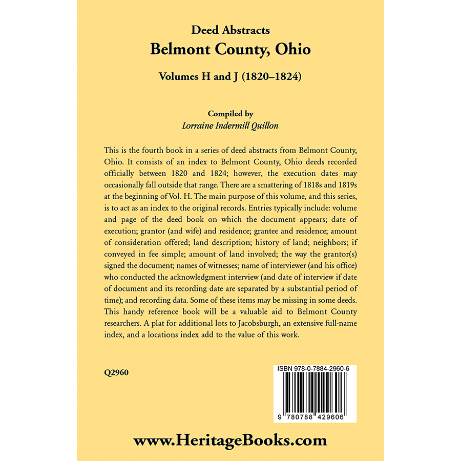 back cover of Deed Abstracts, Belmont County, Ohio, Volumes H and J (1820-1824)