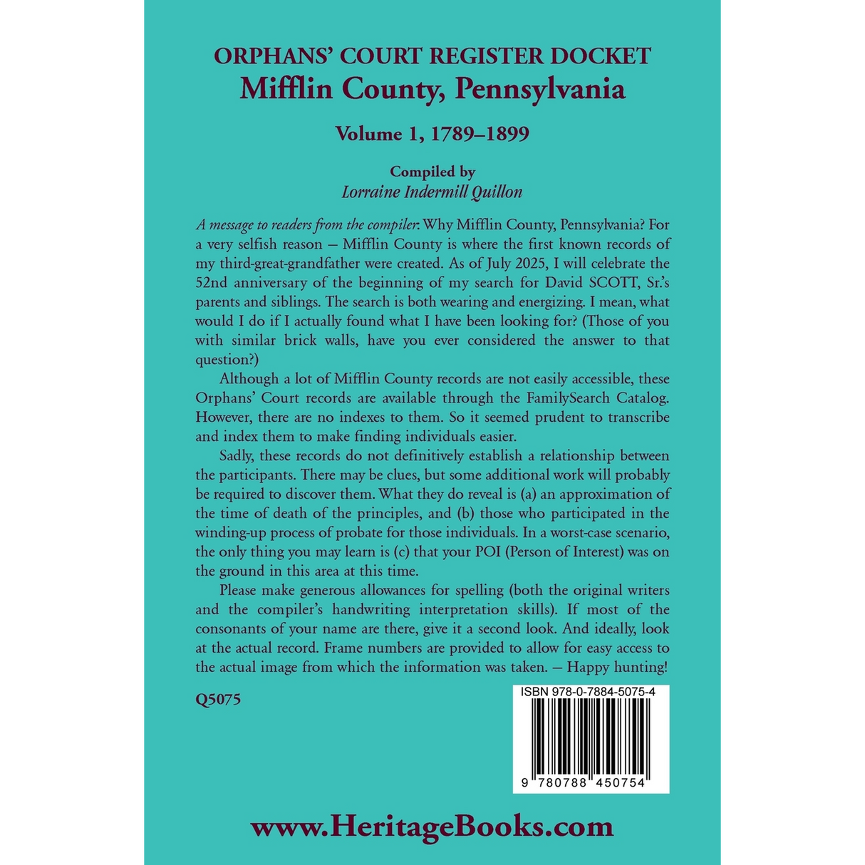 Orphans' Court Register Docket, Mifflin County, Pennsylvania, Volume 1, 1789-1899 back cover