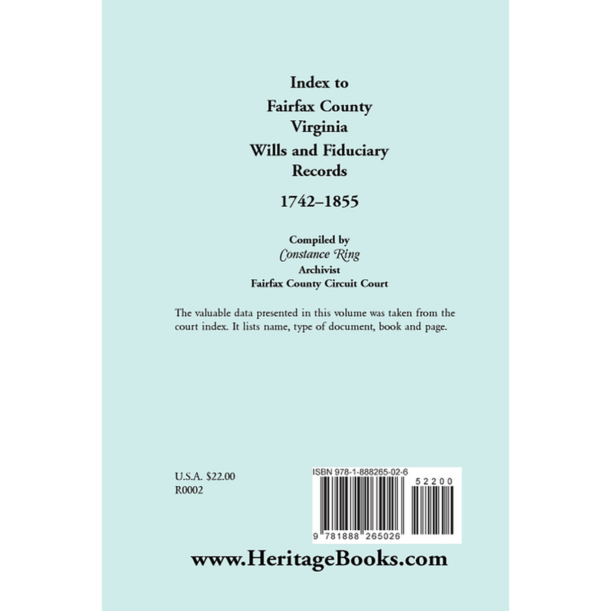 Index to Fairfax County, Virginia, Wills and Fiduciary Records, 1742-1855 back cover