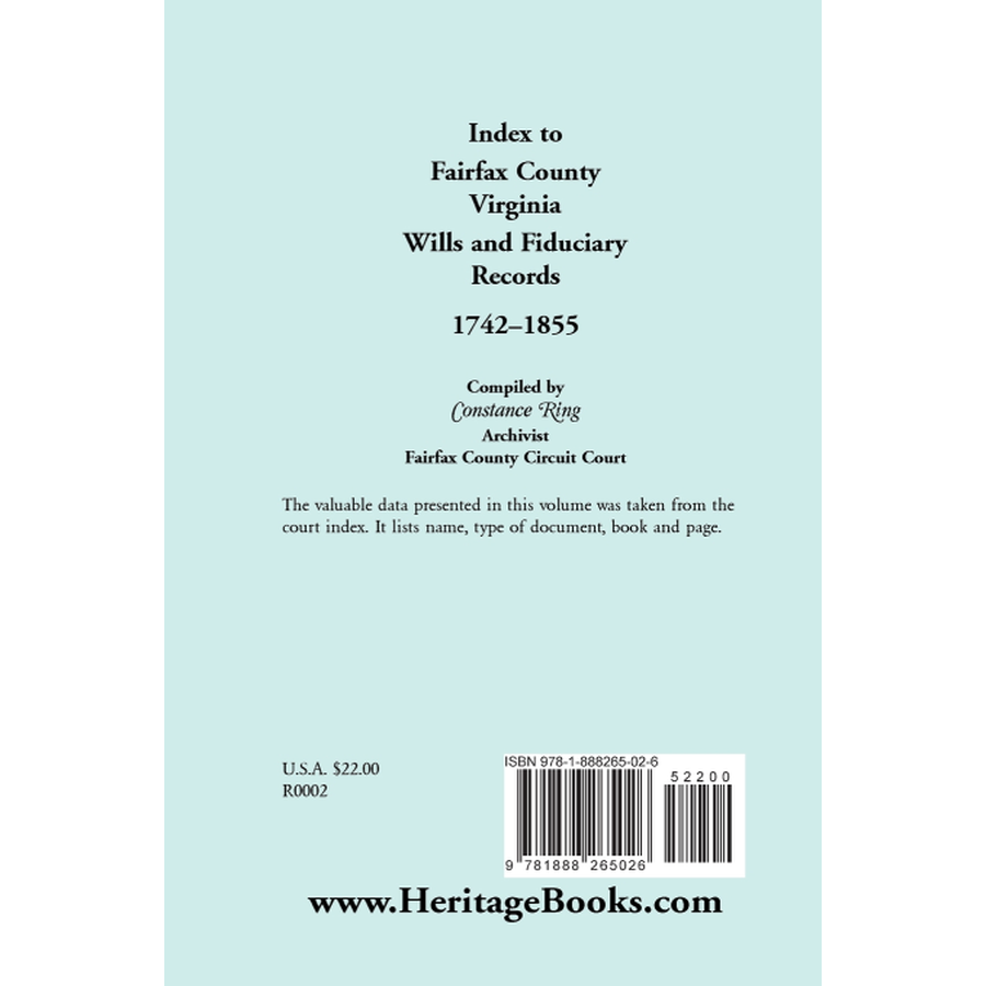 back cover of Index to Fairfax County, Virginia, Wills and Fiduciary Records, 1742-1855