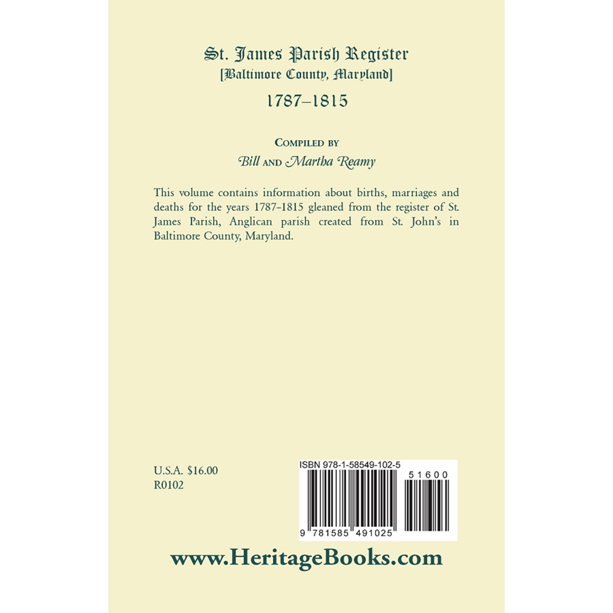 St. James Parish [Baltimore County, Maryland] Registers, 1787-1815 back cover