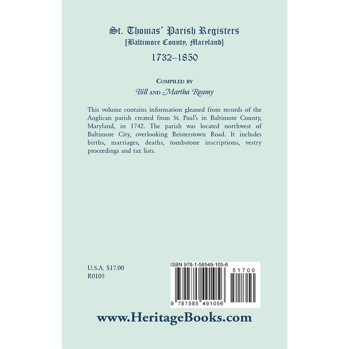 St. Thomas' Parish Registers, Baltimore County, Maryland, 1732-1850 back cover
