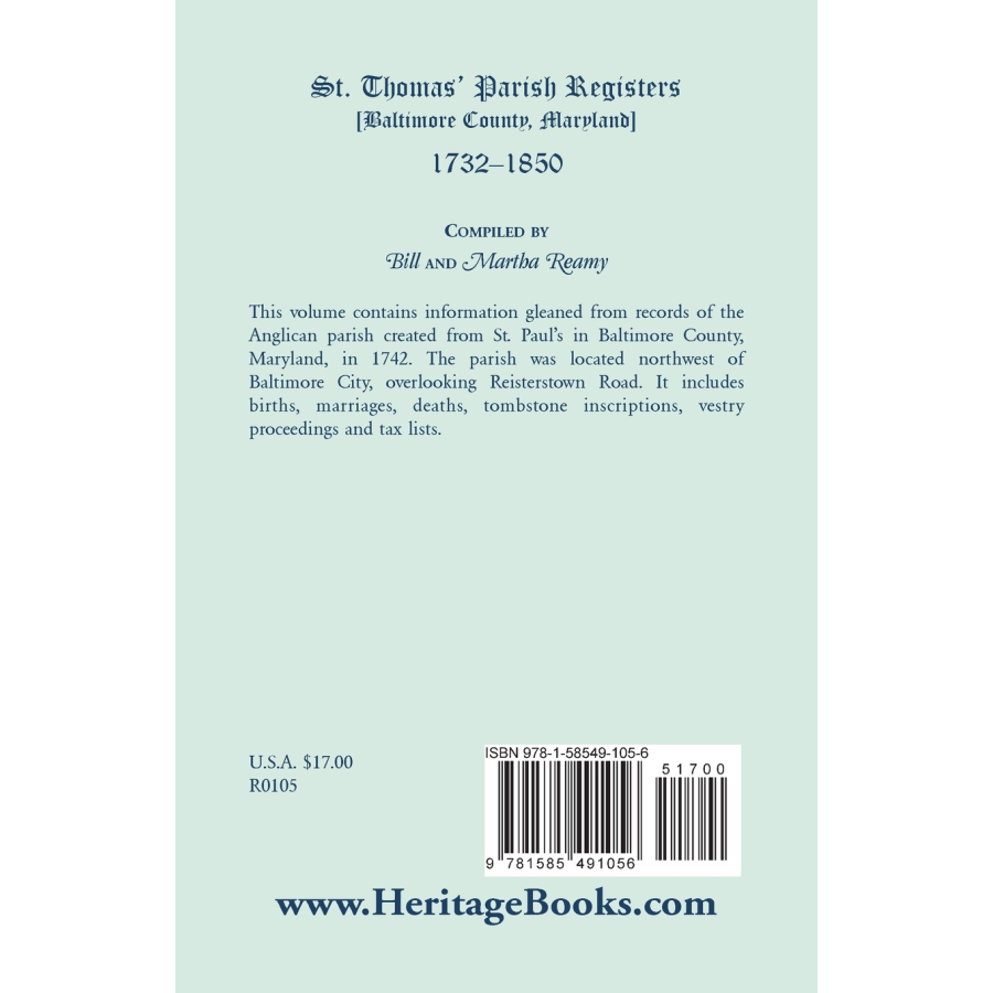St. Thomas' Parish Registers, Baltimore County, Maryland, 1732-1850 back cover