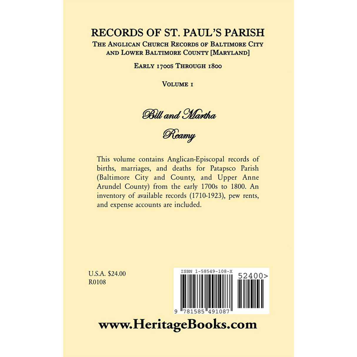 Records of St. Paul's Parish, Anglican Church Records of Baltimore City and Lower Baltimore County, Maryland: Volume 1 back cover