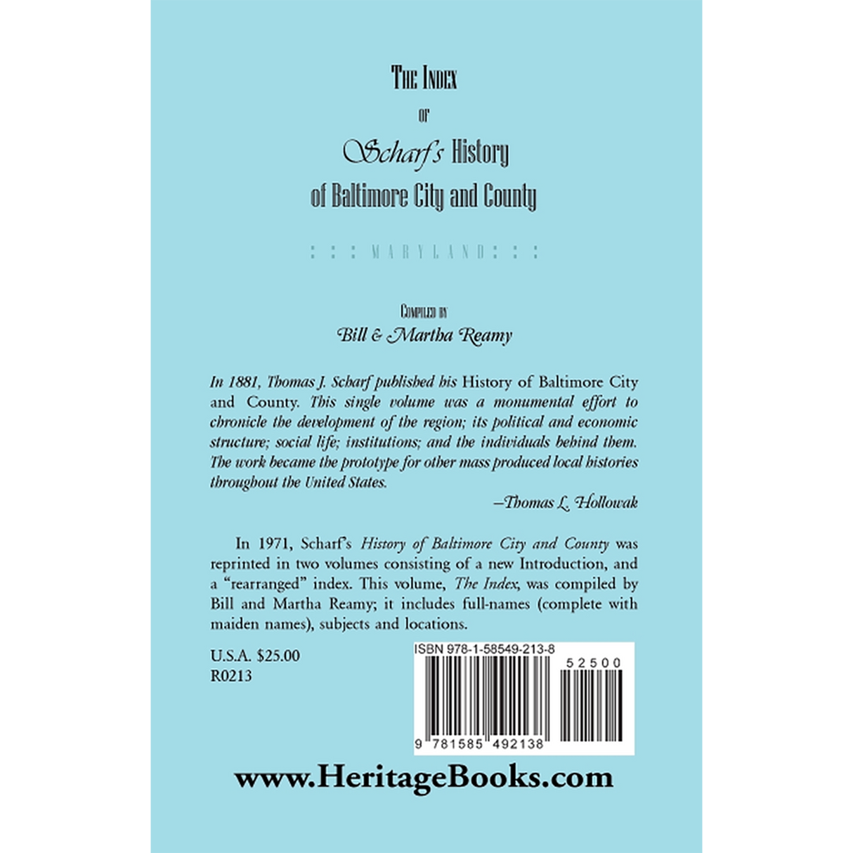 The Index of Scharf's History of Baltimore City and County [Maryland] back cover