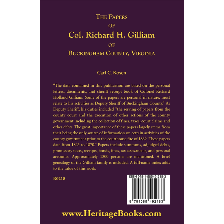 The Papers of Col. Richard H. Gilliam of Buckingham County, Virginia back cover