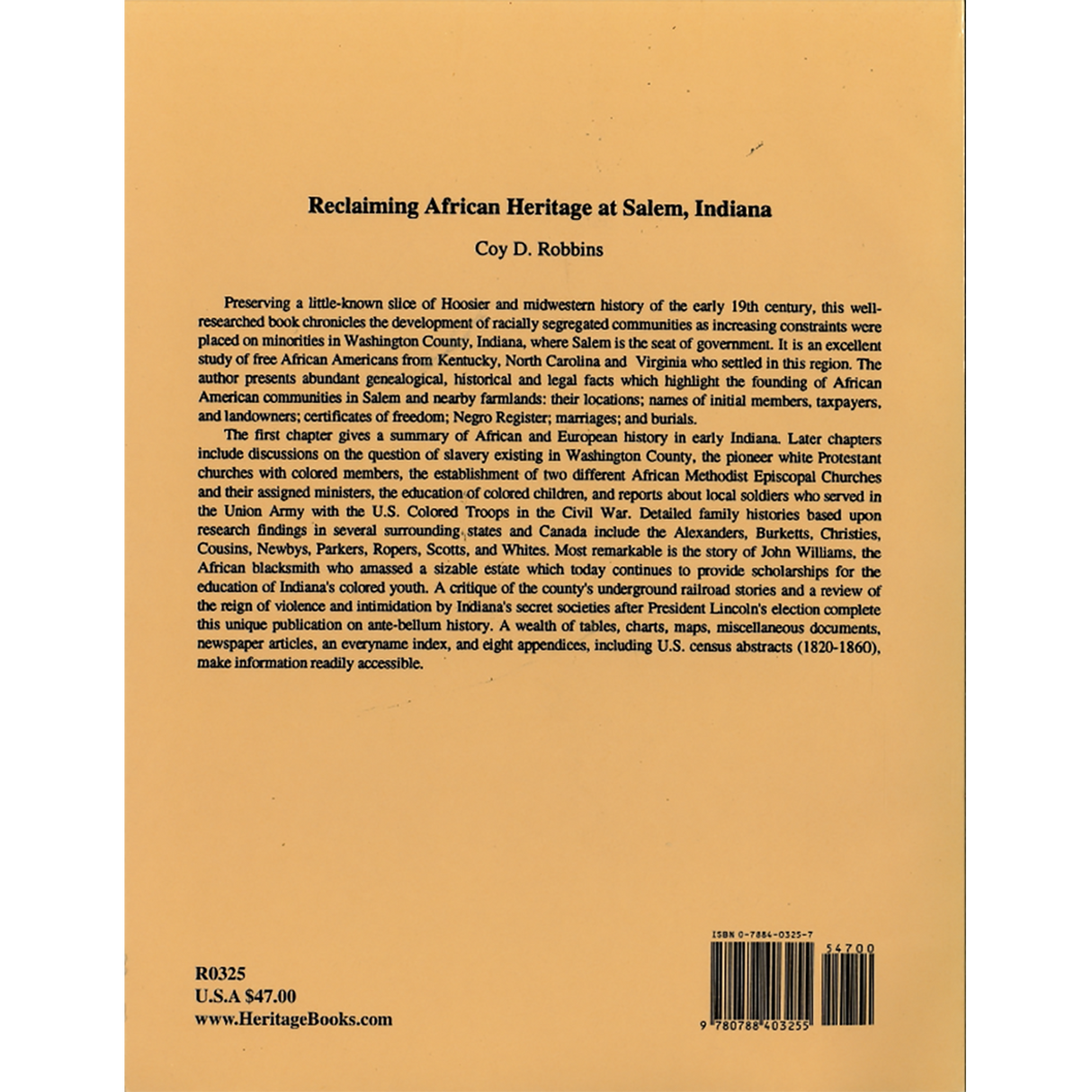 Reclaiming African Heritage at Salem [Washington County], Indiana back cover