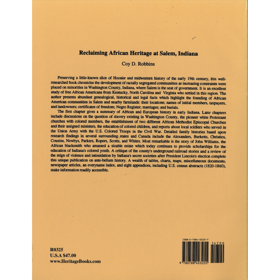 Reclaiming African Heritage at Salem [Washington County], Indiana back cover