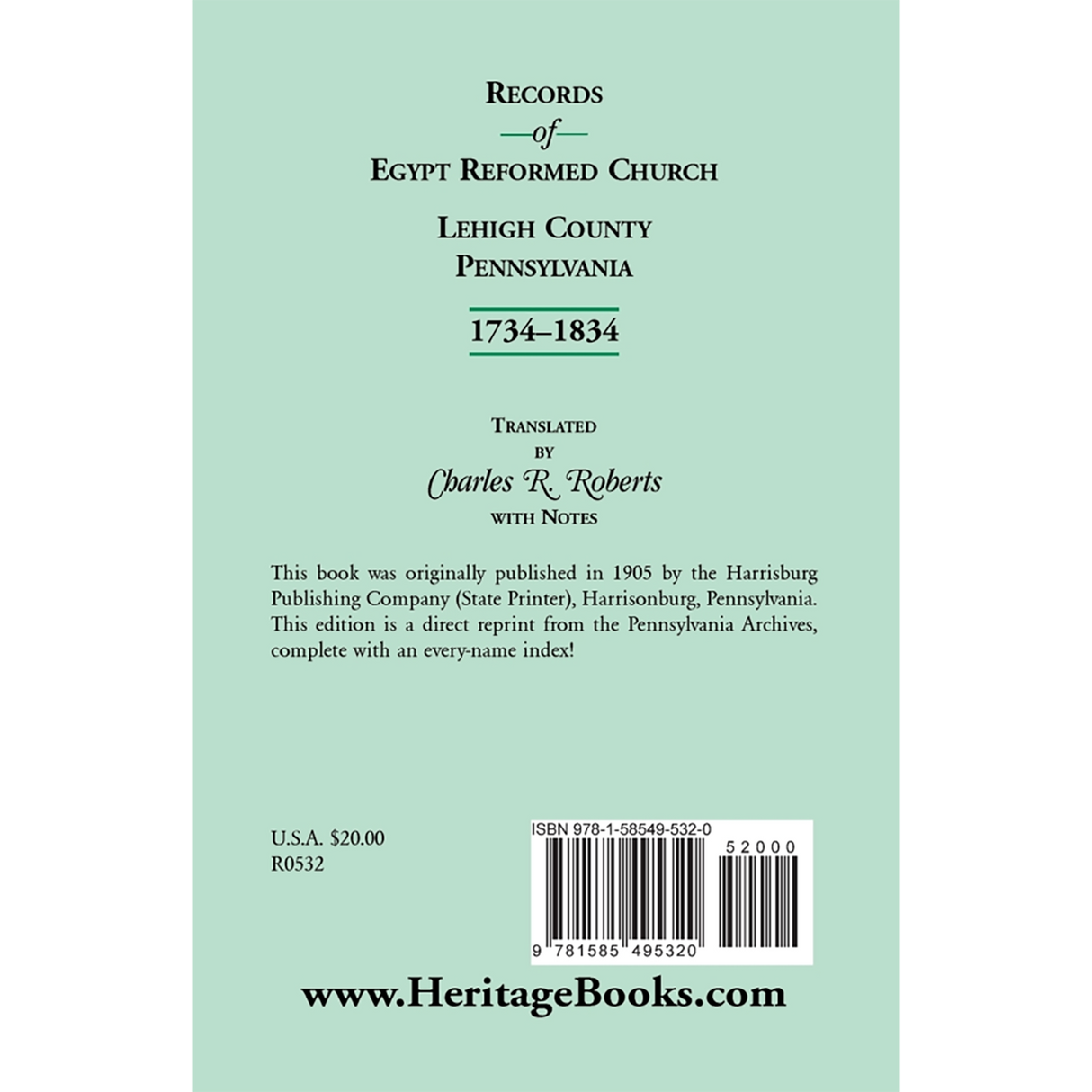 Records of Egypt Reformed Church, Lehigh County, Pennsylvania 1734-1834 back cover