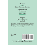 Records of Egypt Reformed Church, Lehigh County, Pennsylvania 1734-1834 back cover