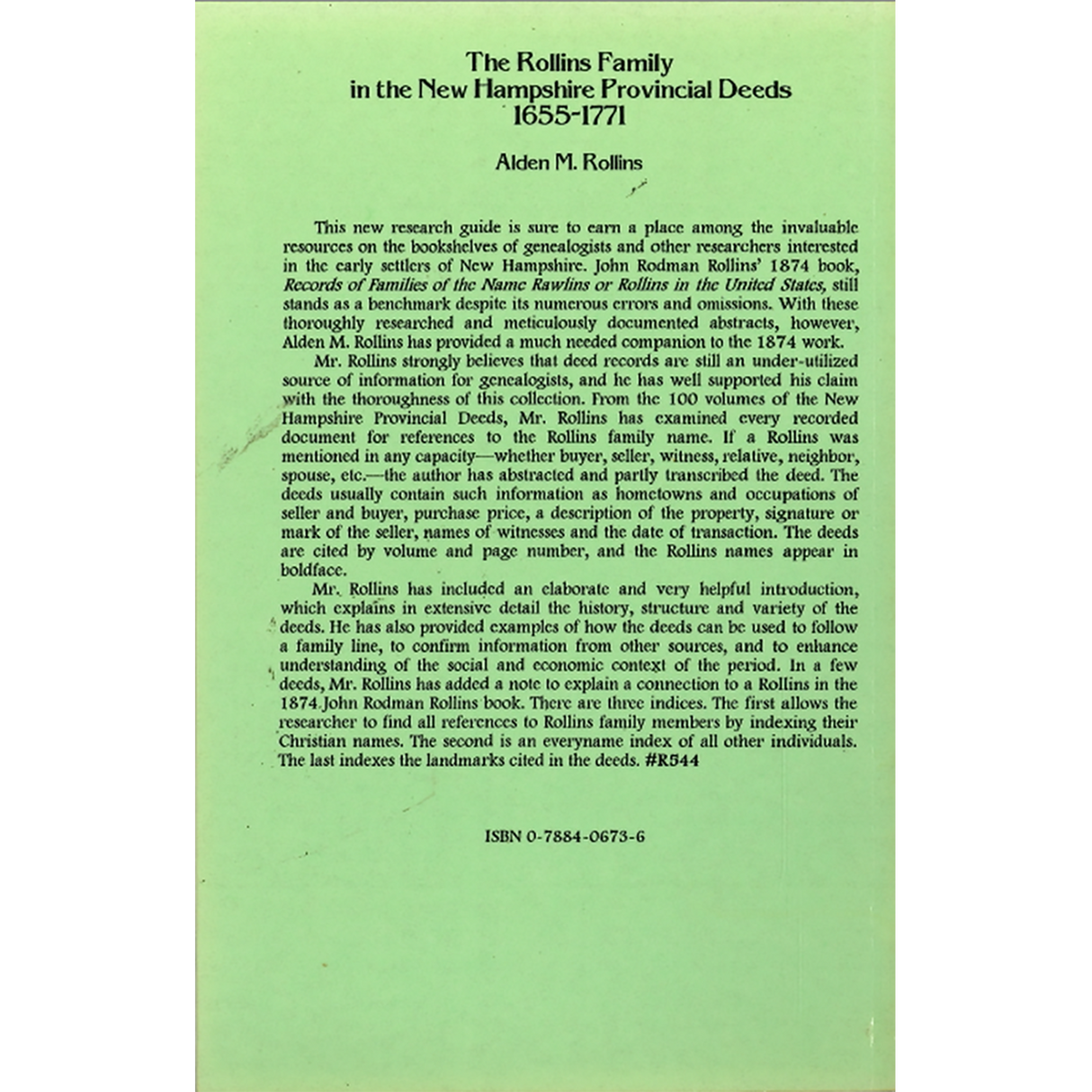 The Rollins Family in the New Hampshire Provincial Deeds, 1655-1771 back cover