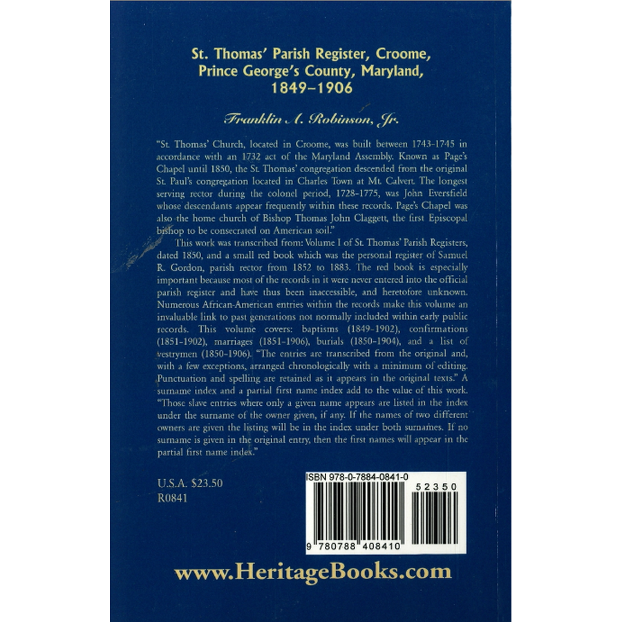 St. Thomas Parish Register, Croome, Prince George's County, Maryland, 1849-1906 back cover