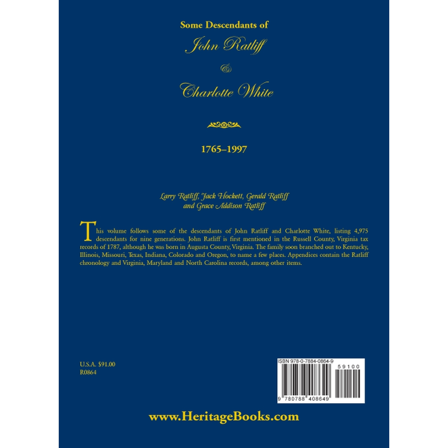 back cover of Some Descendants of John Ratliff and Charlotte White 1765-1997