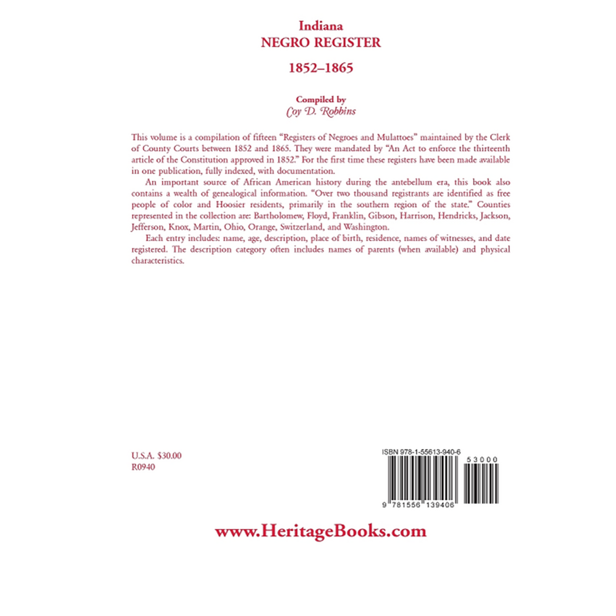 Indiana Black Register, 1852-1865 back cover