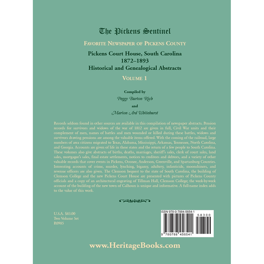 The Pickens Sentinel: Favorite Newspaper of Pickens County, [South Carolina], Volume 1 back cover