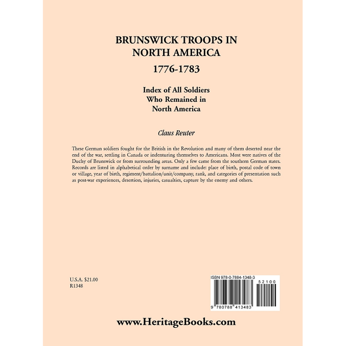 Brunswick Troops in North America, 1776-1783: Index of Soldiers who Remained in North America back cover