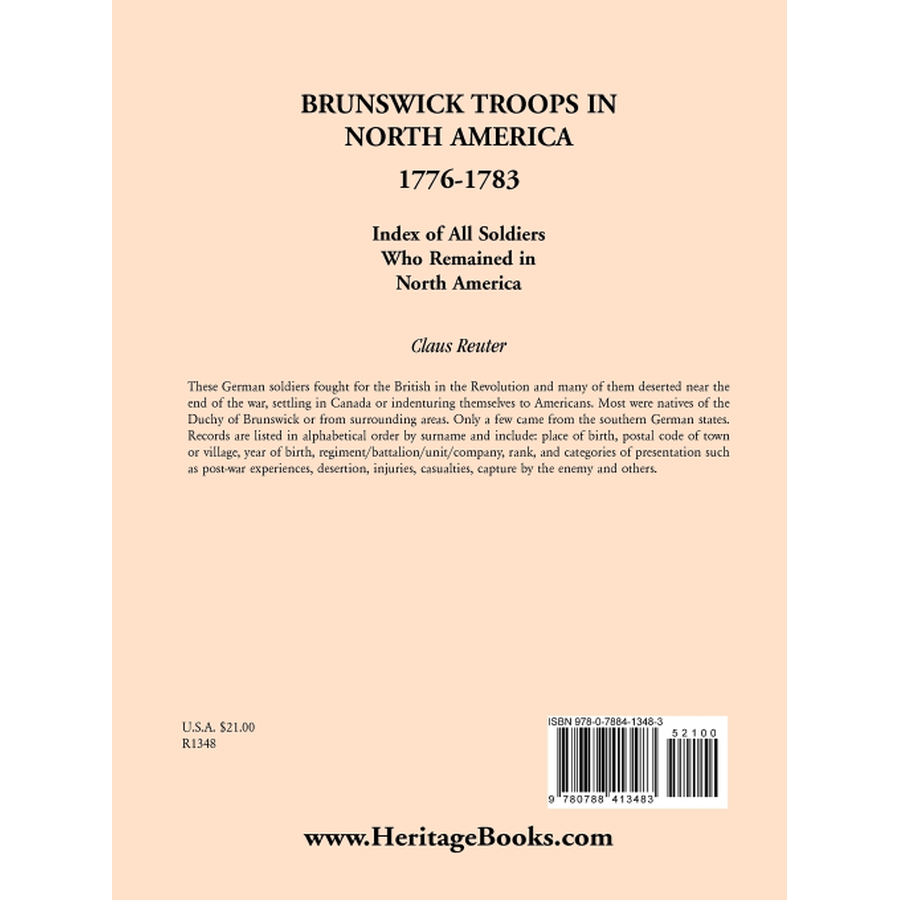 back cover of Brunswick Troops in North America, 1776-1783: Index of Soldiers who Remained in North America