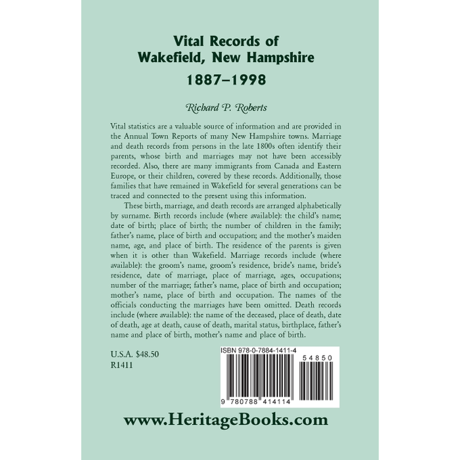 back cover of Vital Records of Wakefield, New Hampshire, 1887-1998