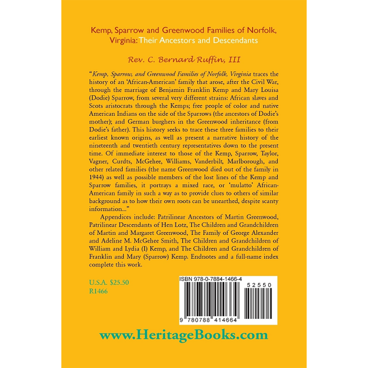 Kemp, Sparrow and Greenwood Families of Norfolk, Virginia: Their Ancestors and Descendants back cover