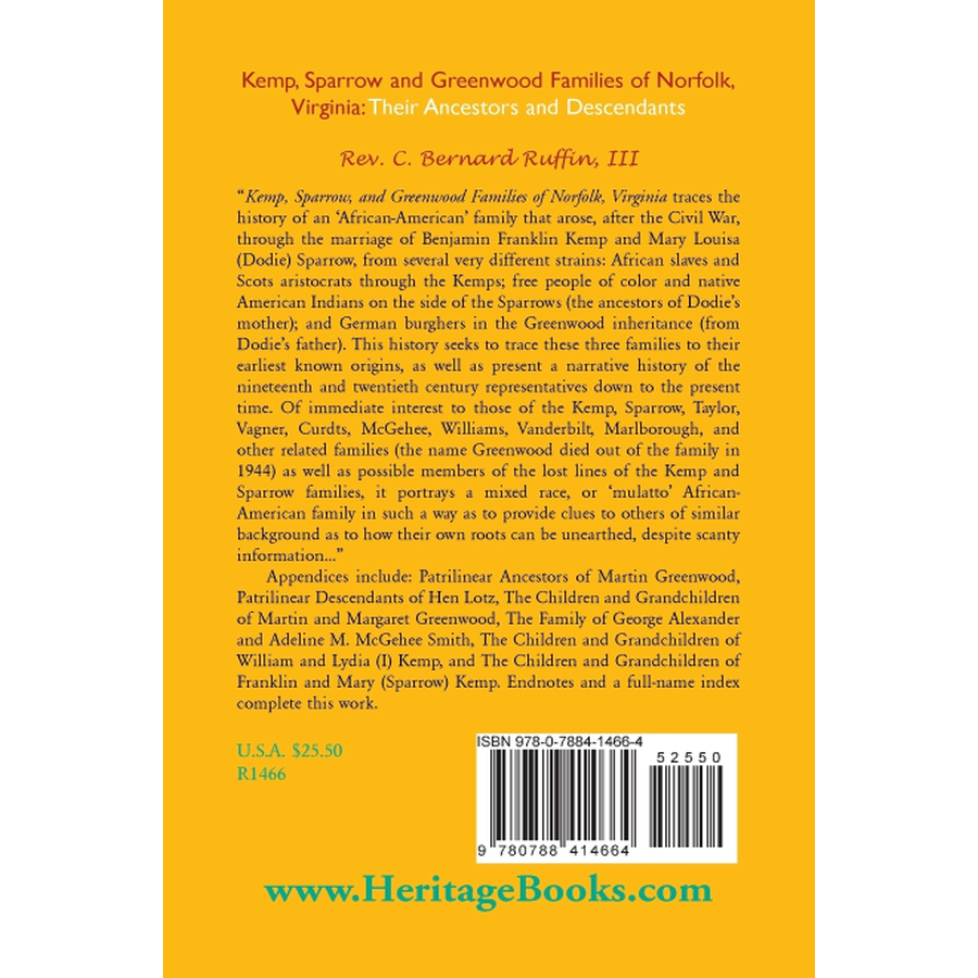 back cover of Kemp, Sparrow and Greenwood Families of Norfolk, Virginia: Their Ancestors and Descendants