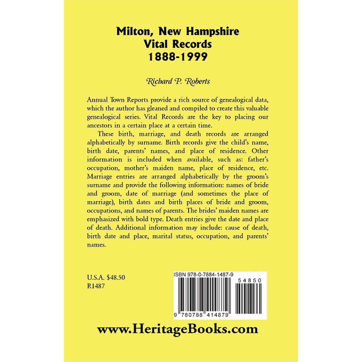 Milton, New Hampshire, Vital Records, 1888-1999 back cover