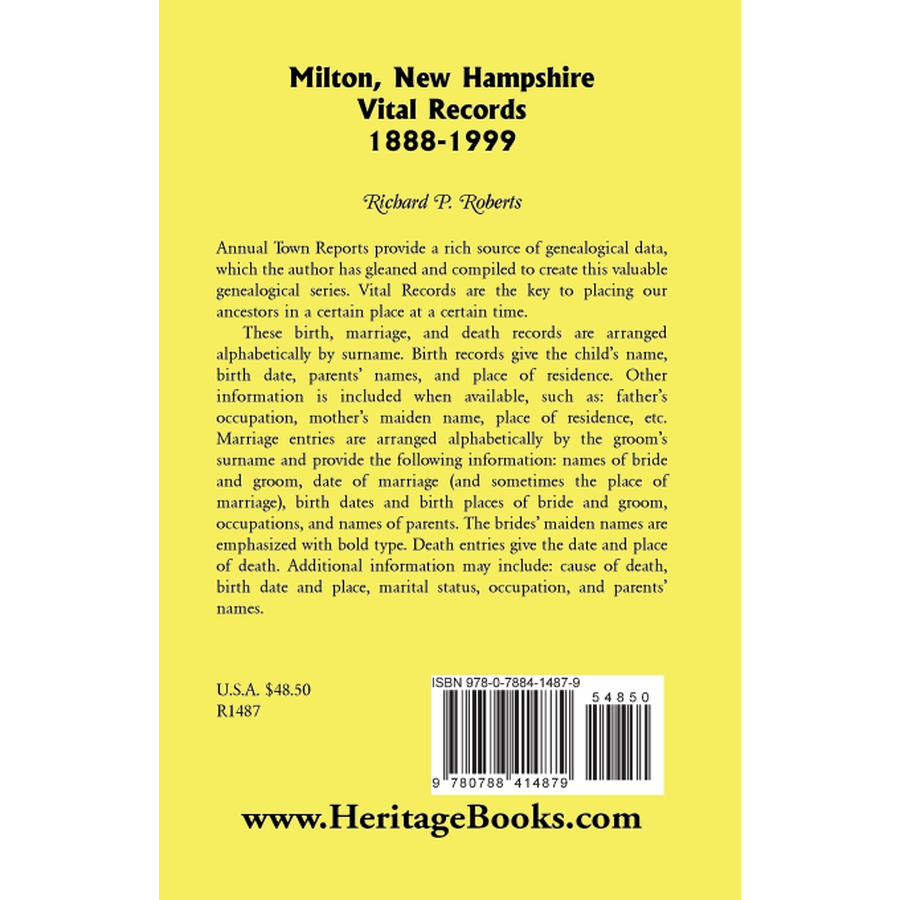 back cover of Milton, New Hampshire, Vital Records, 1888-1999