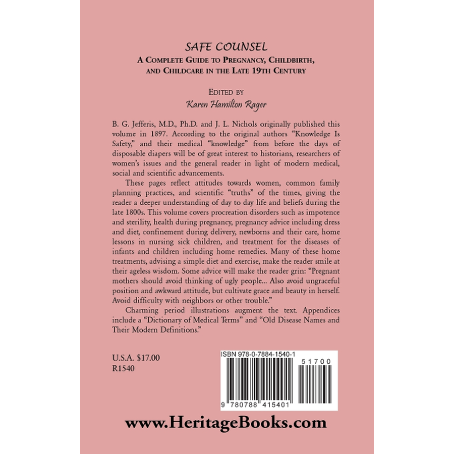 back cover of Safe Counsel: A Complete Guide to Pregnancy, Childbirth, and Childcare in the Late 19th Century