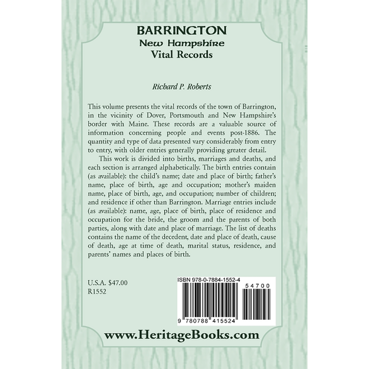 Barrington, New Hampshire, Vital Records back cover