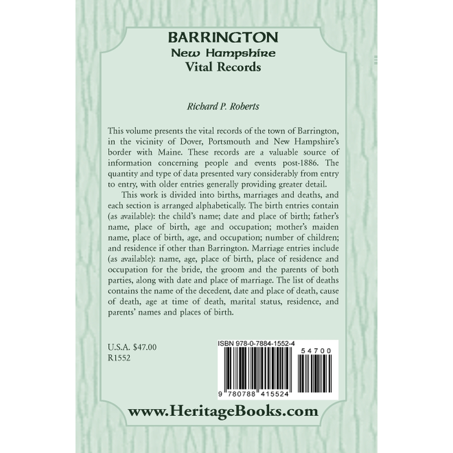 back cover of Barrington, New Hampshire, Vital Records