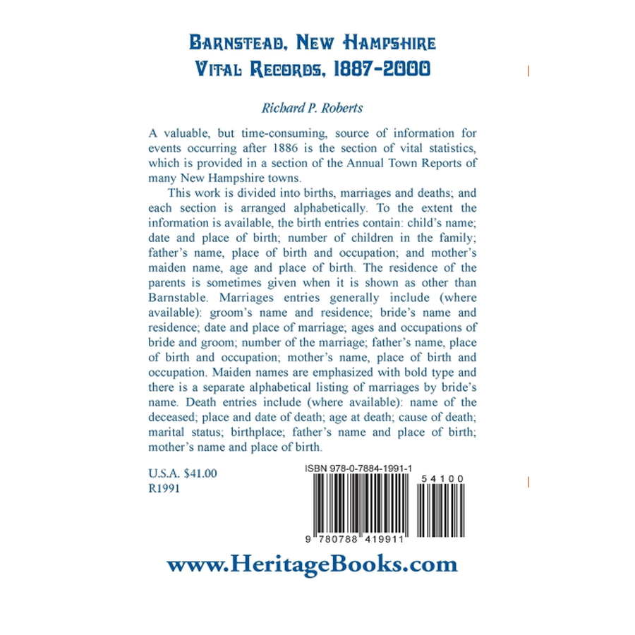 Barnstead, New Hampshire Vital Records, 1887-2000 back cover