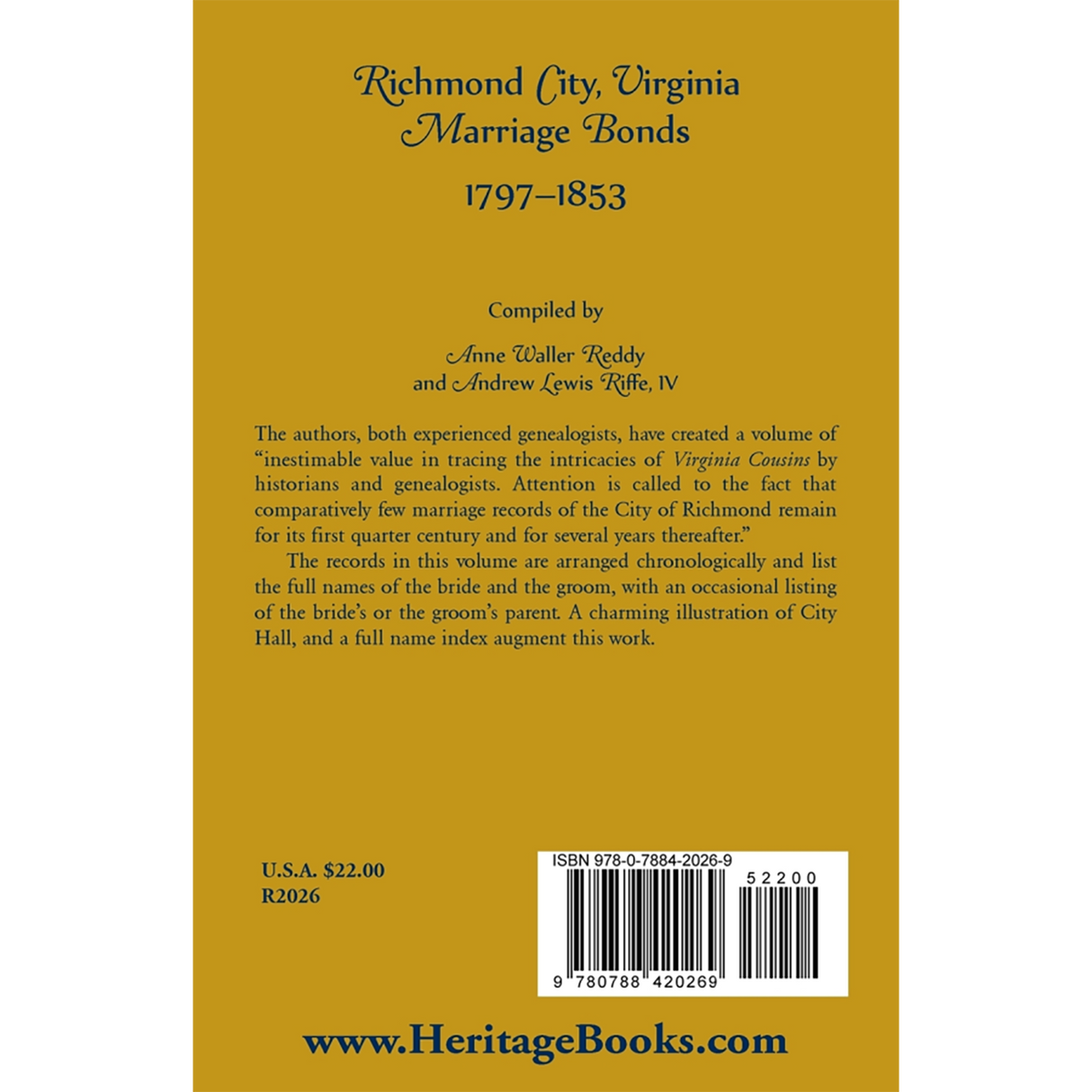 Richmond City, Virginia Marriage Bonds, 1797-1853 back cover