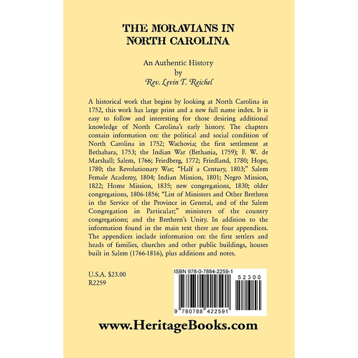 The Moravians in North Carolina, An Authentic History back cover