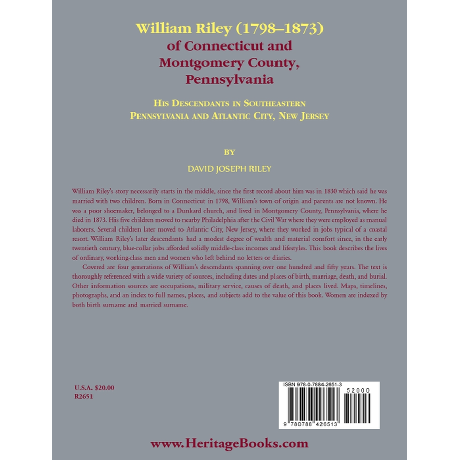 back cover of William Riley (1798-1873) of Connecticut and Montgomery County, Pennsylvania