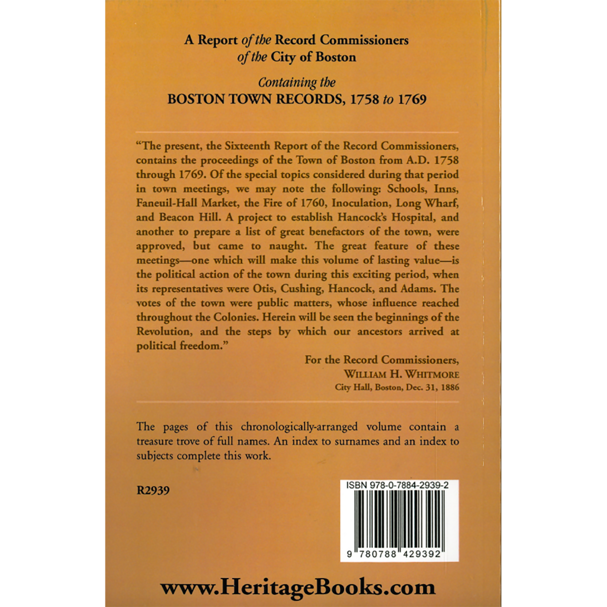 A Report of the Record Commissioners of the City of Boston, Containing the Boston Town Records, 1758 to 1769 back cover