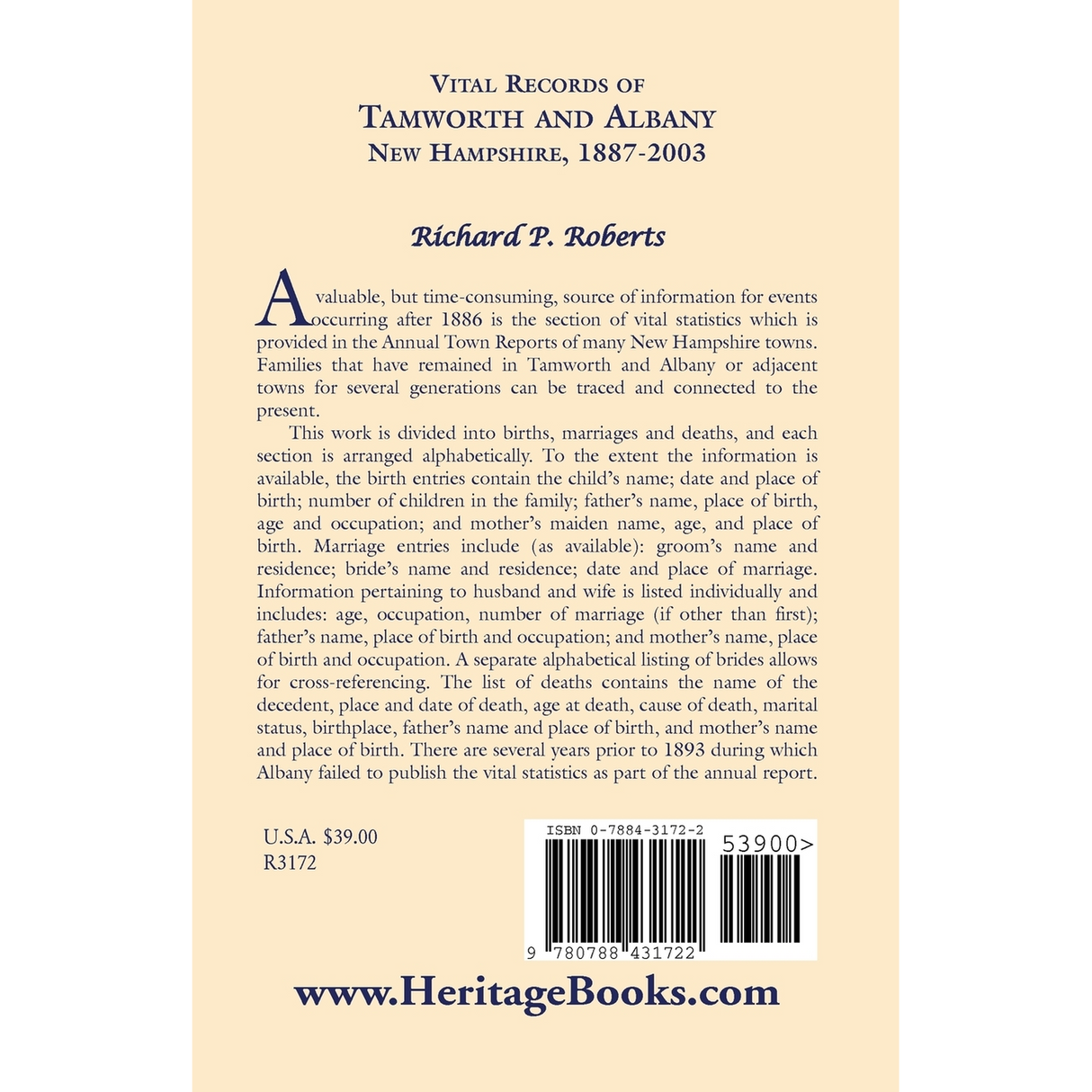 Vital Records of Tamworth and Albany, New Hampshire, 1887-2003 back cover