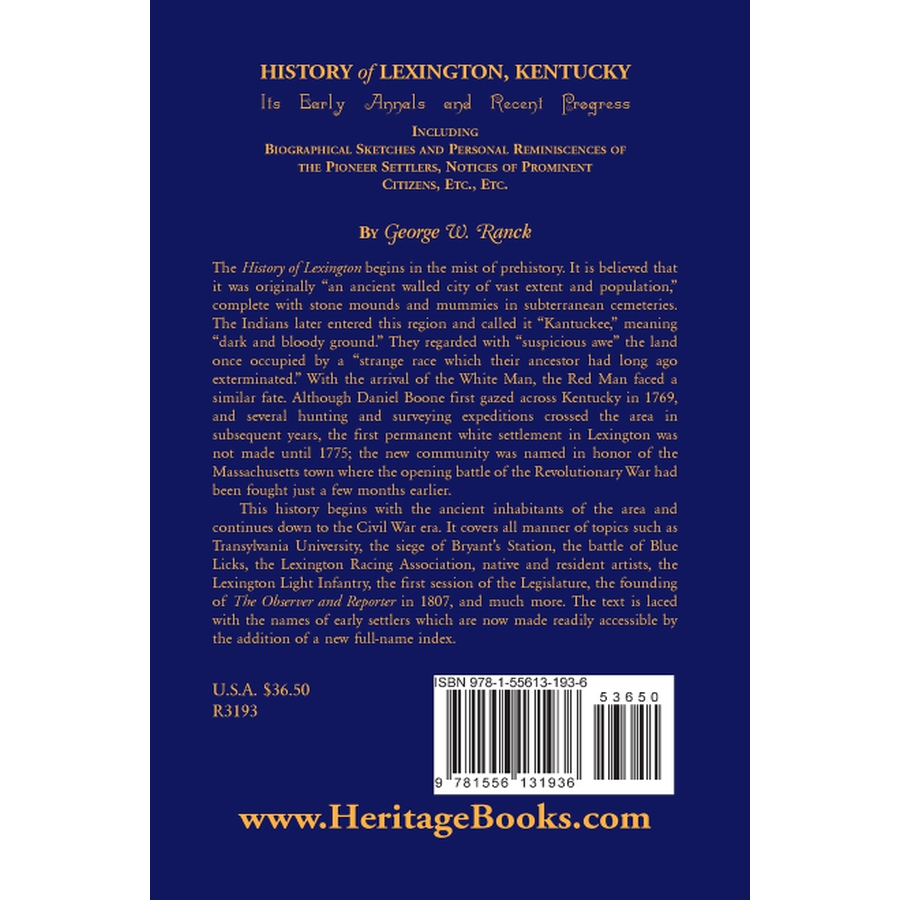 back cover of History of Lexington, Kentucky: Its Early Annals and Recent Progress