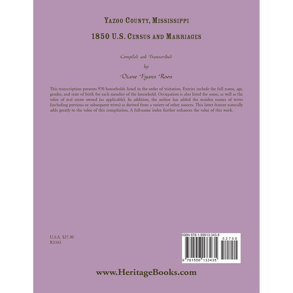 Yazoo County, Mississippi, 1850 Census and Marriages back cover