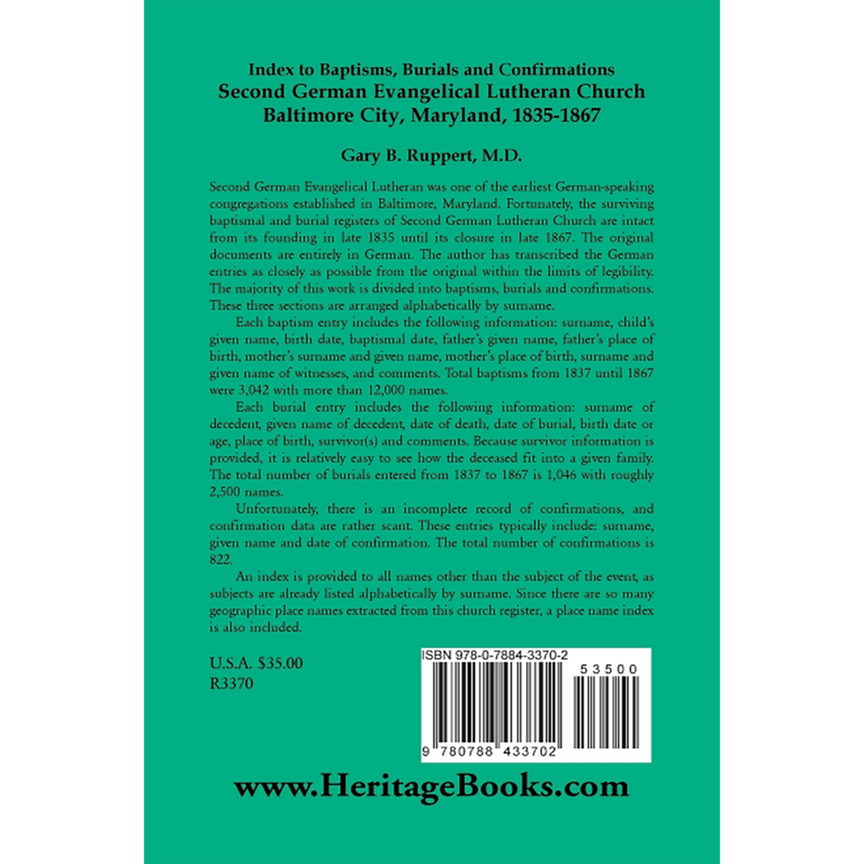Index to Baptisms, Burials and Confirmations, Second German Evangelical Lutheran Church, Baltimore City, Maryland, 1835-1867 back cover
