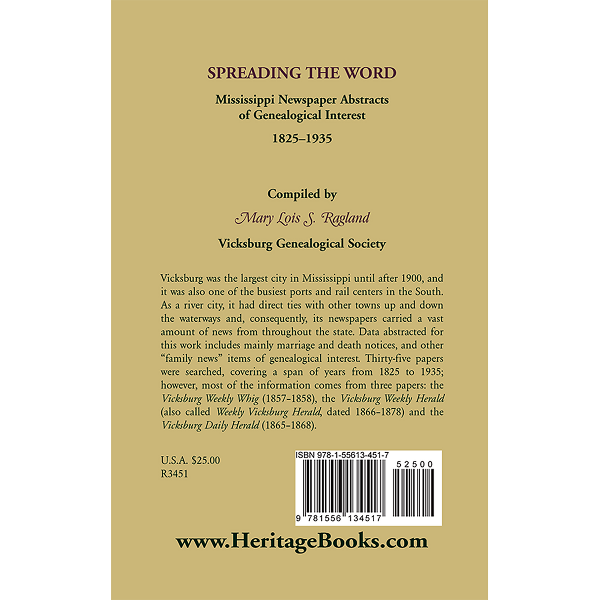 Spreading the Word: Mississippi Newspaper Abstracts of Genealogical Interest, 1825-1935 back cover