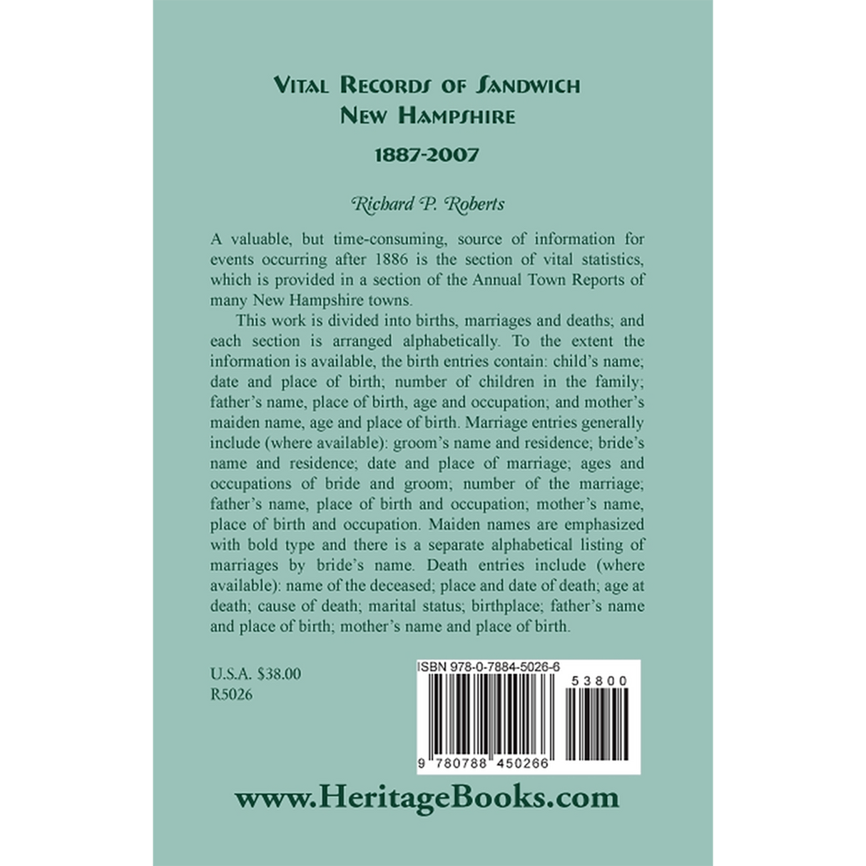 Vital Records of Sandwich, New Hampshire, 1887-2007 back cover