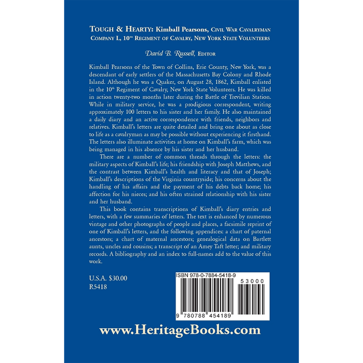 Tough and Hearty, Kimball Pearsons, Civil War Cavalryman, Co. L, 10th Regiment of Cavalry, New York State Volunteers back cover