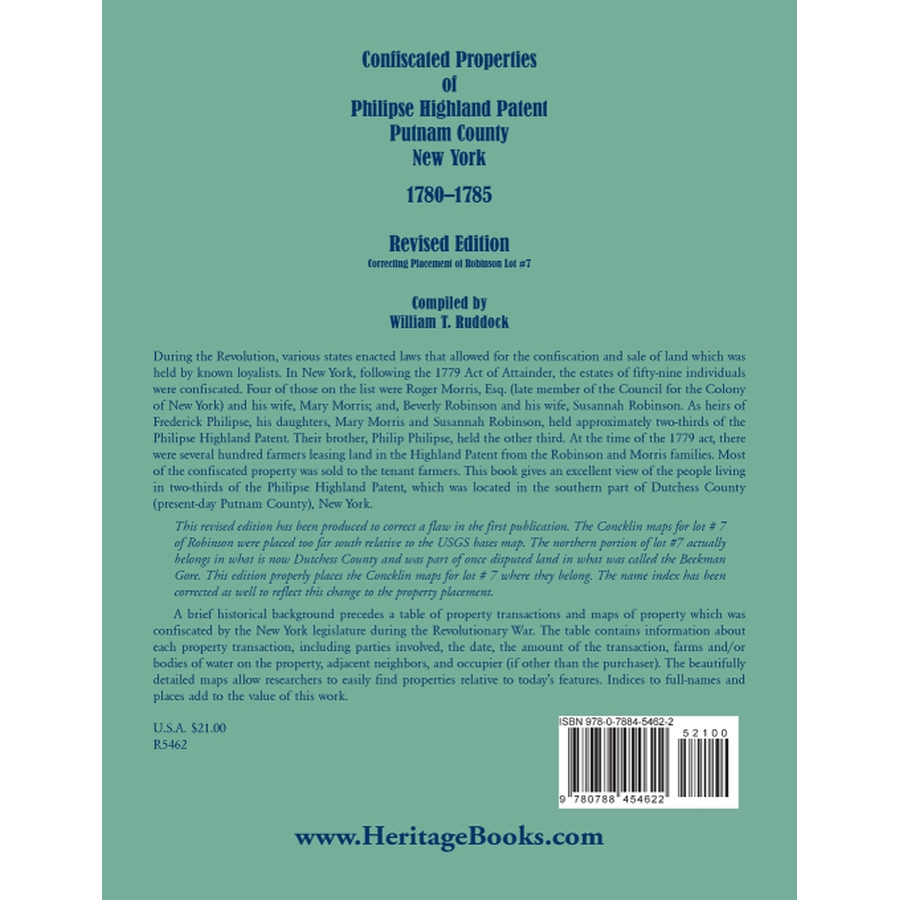 Confiscated Properties of Philipse Highland Patent, Putnam County, New York, 1780-1785, Revised Edition back cover