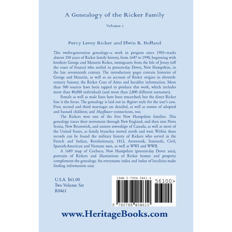A Genealogy of the Ricker Family volume 1 back cover