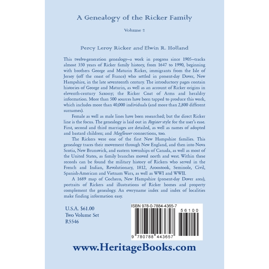 back cover of A Genealogy of the Ricker Family volume 2