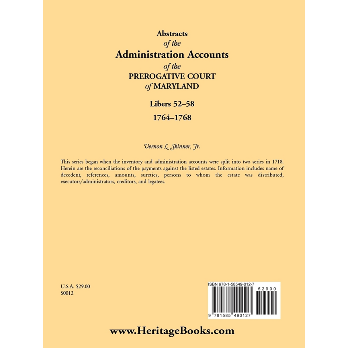 Abstracts of the Administration Accounts of the Prerogative Court of Maryland, 1764-1768, Libers 52-58 back cover