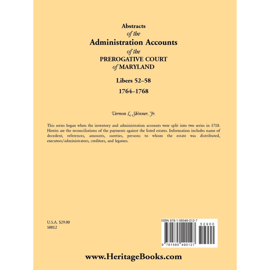 back cover of Abstracts of the Administration Accounts of the Prerogative Court of Maryland, 1764-1768, Libers 52-58