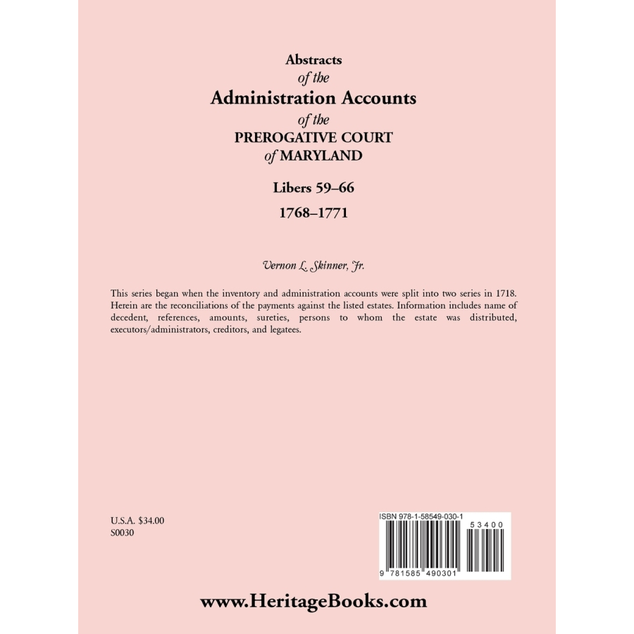 back cover of Abstracts of the Administration Accounts of the Prerogative Court of Maryland, 1768-1771, Libers 59-66