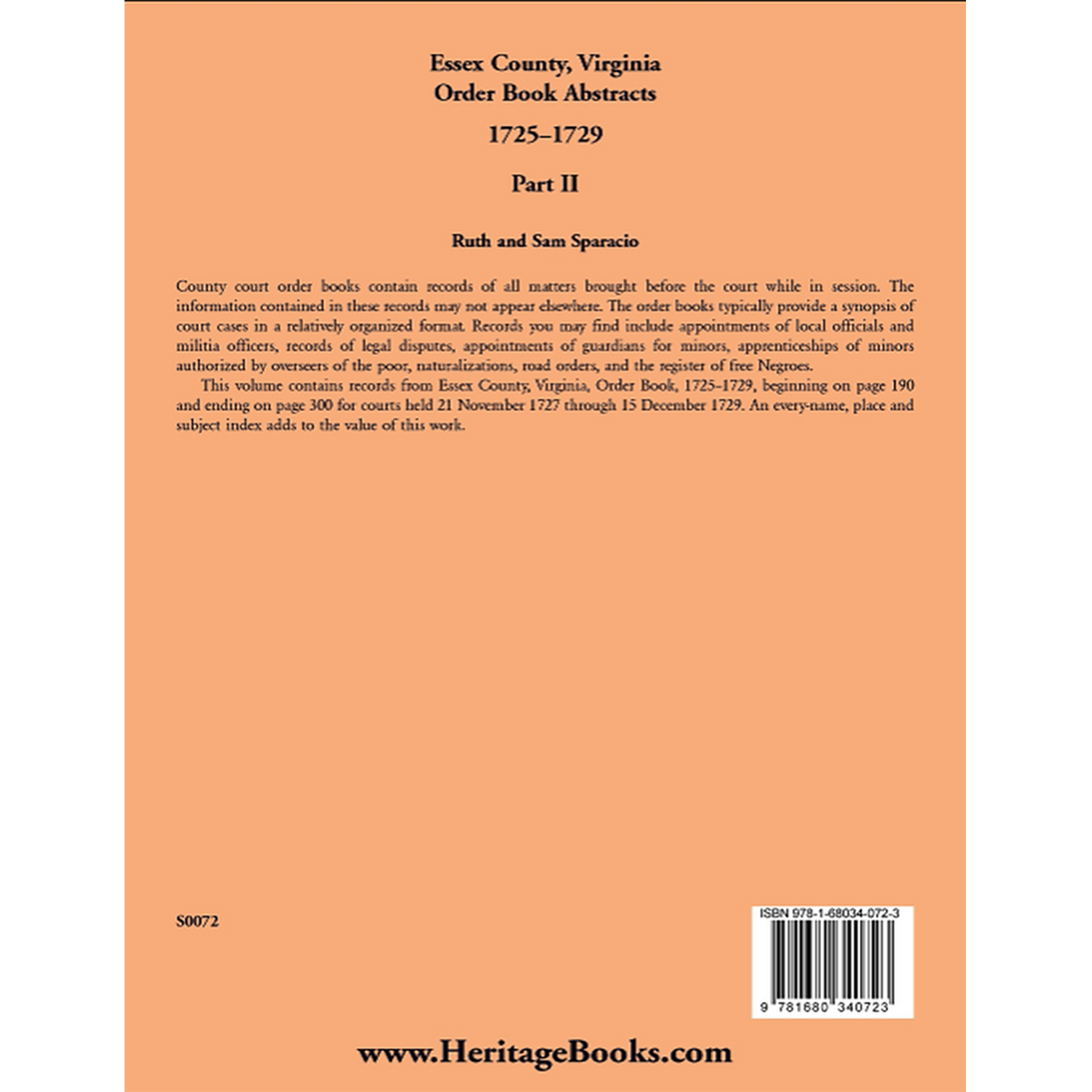 Essex County, Virginia Order Book Abstracts 1727-1729, Part II back cover